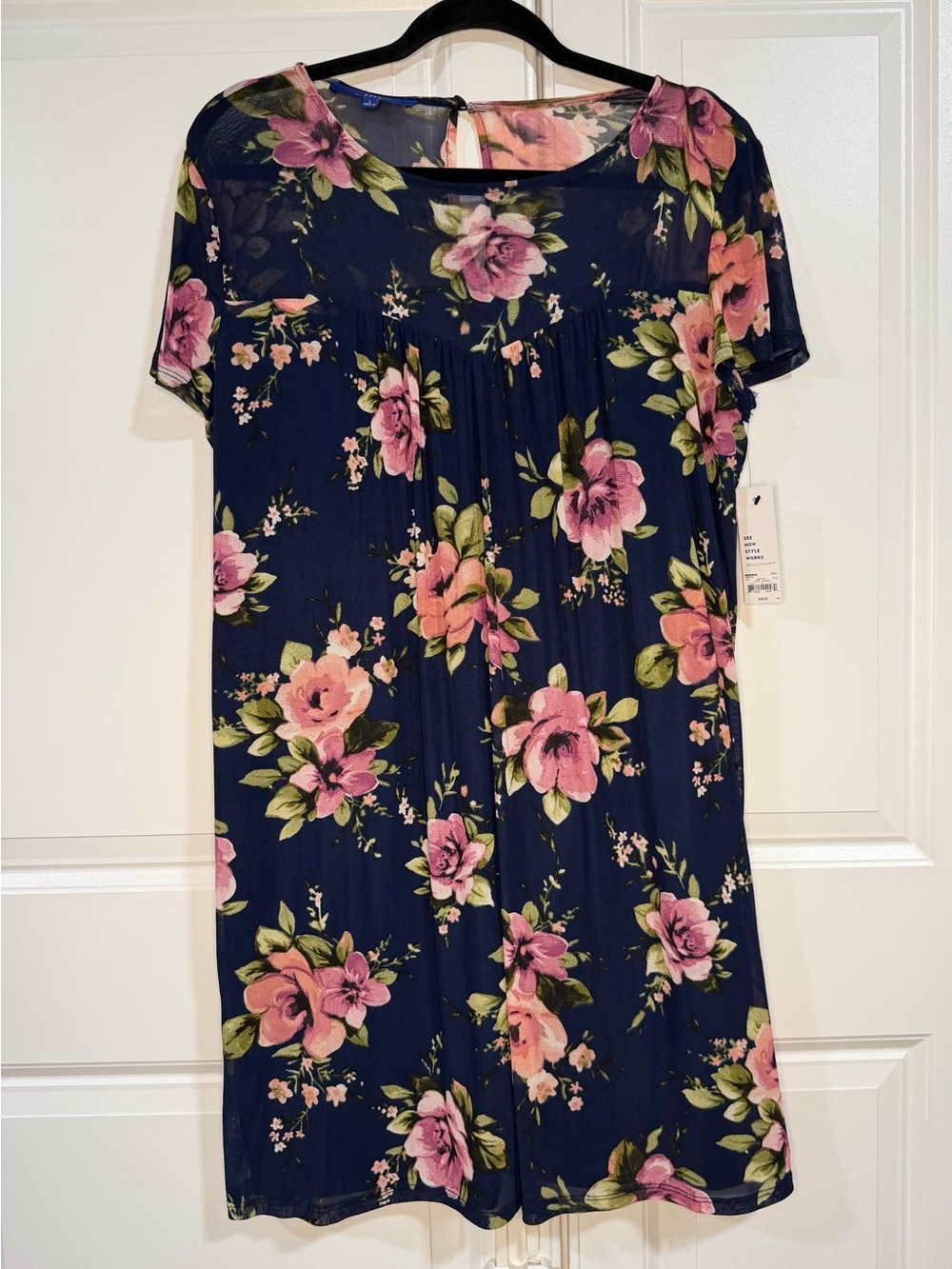 NWT Apt. 9 Navy Pink Floral Mesh Shift Dress Size L Sheer Yoke Keyhole Back